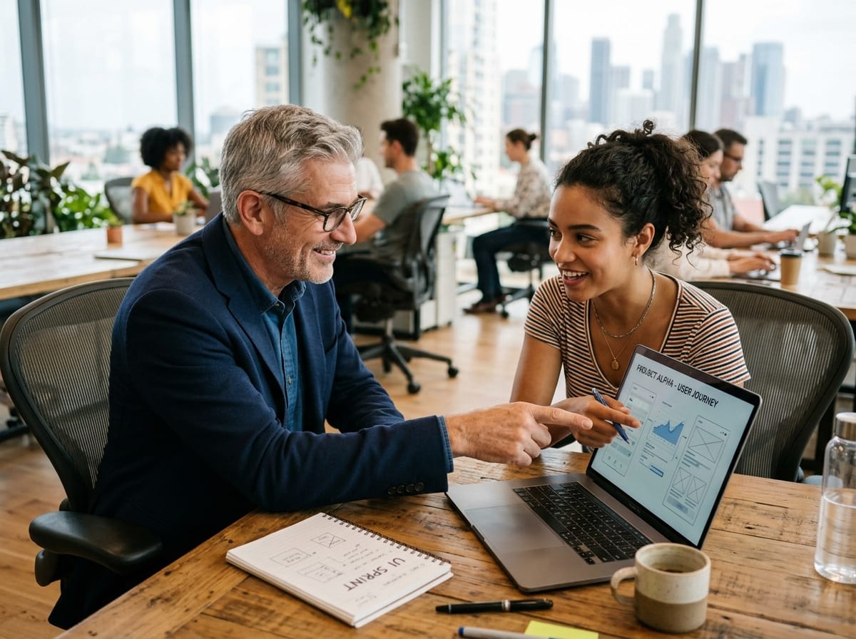 Senior executive and creative designer reviewing client dashboard