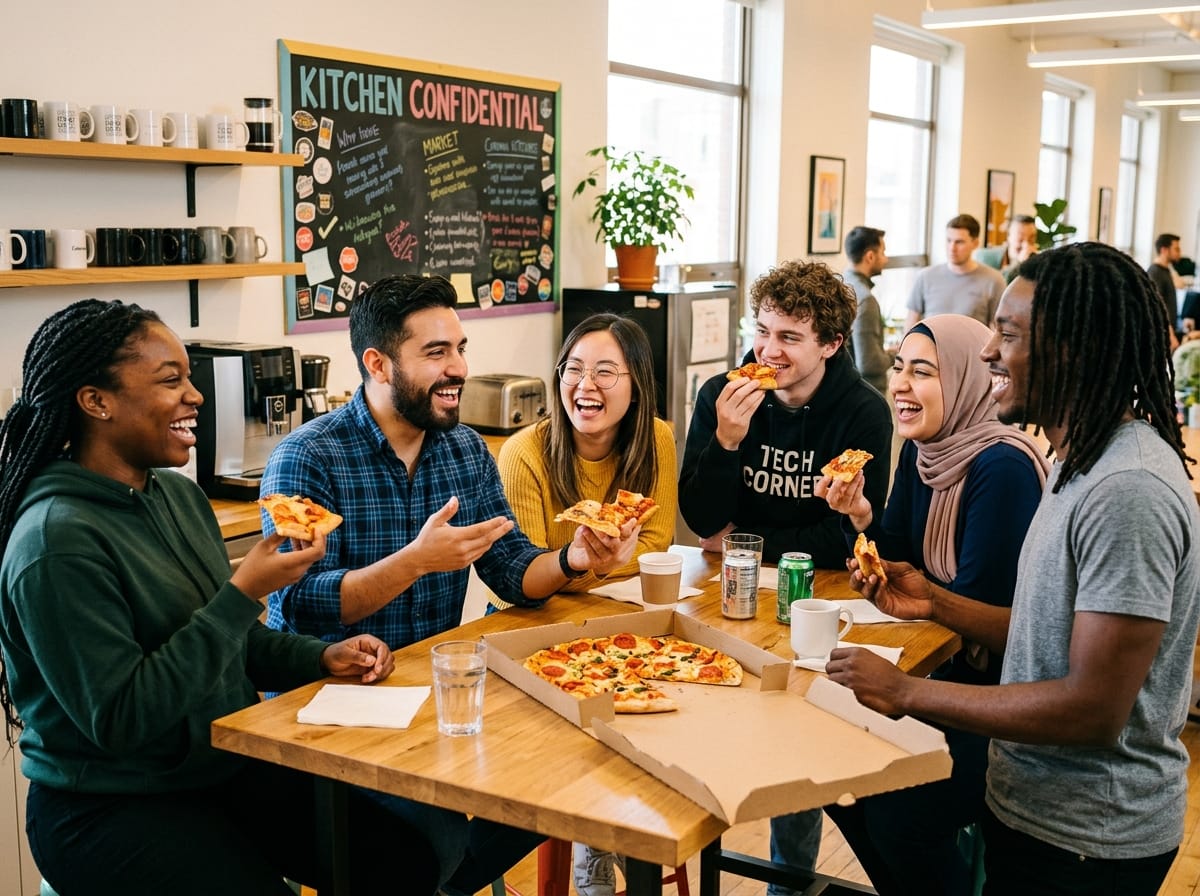 Diverse teammates sharing pizza and celebrating milestone