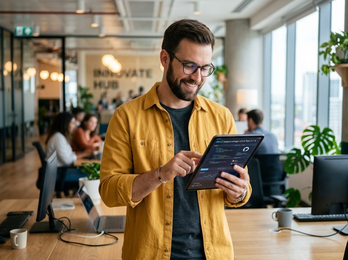 Tech specialist in yellow shirt analyzing tablet metrics in sunny office