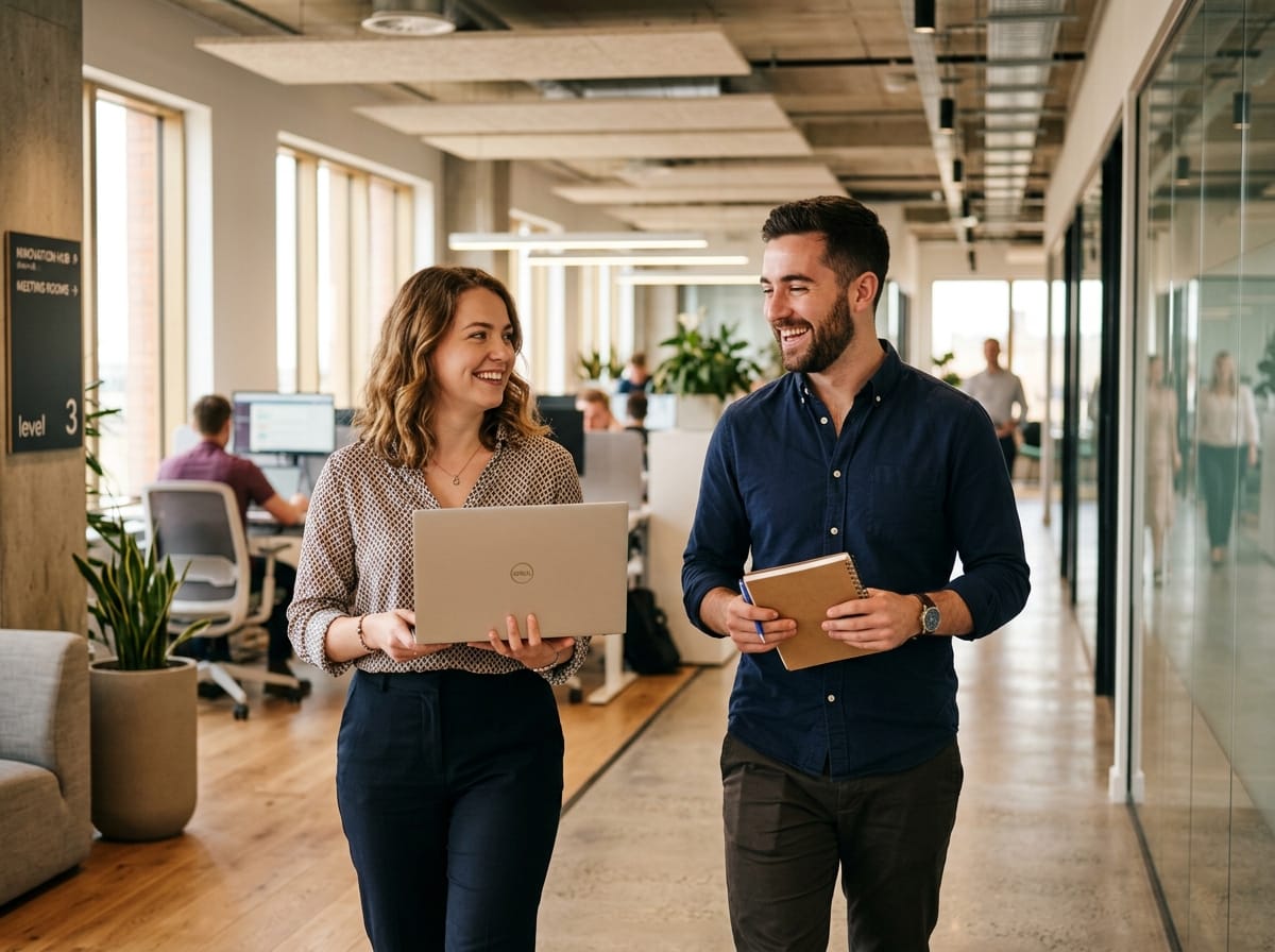 Two colleagues laughing and chatting with laptop in office hallway